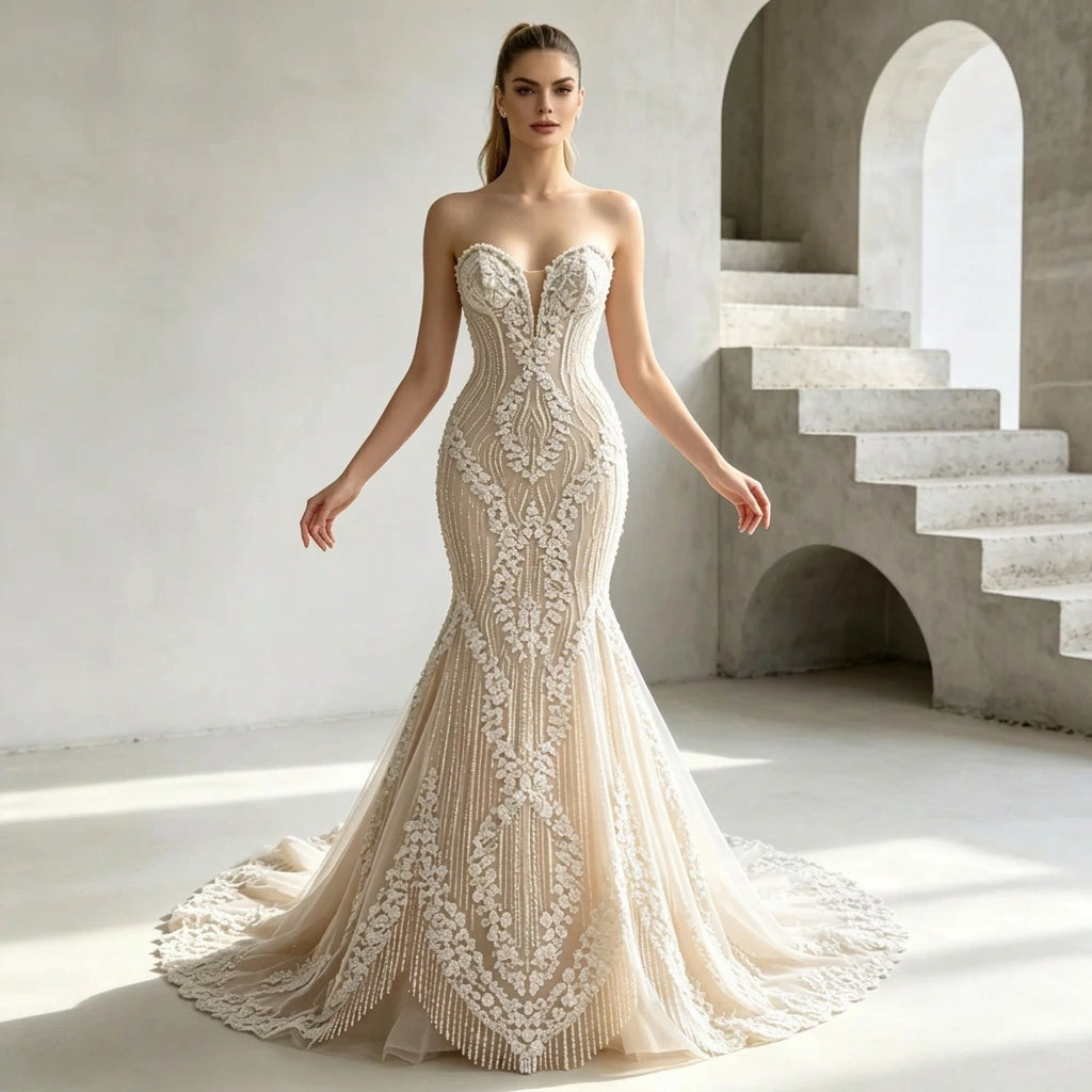 Strapless Lace Bridal Gown with Corset-Inspired Lace-Up Back and Sweeping Train