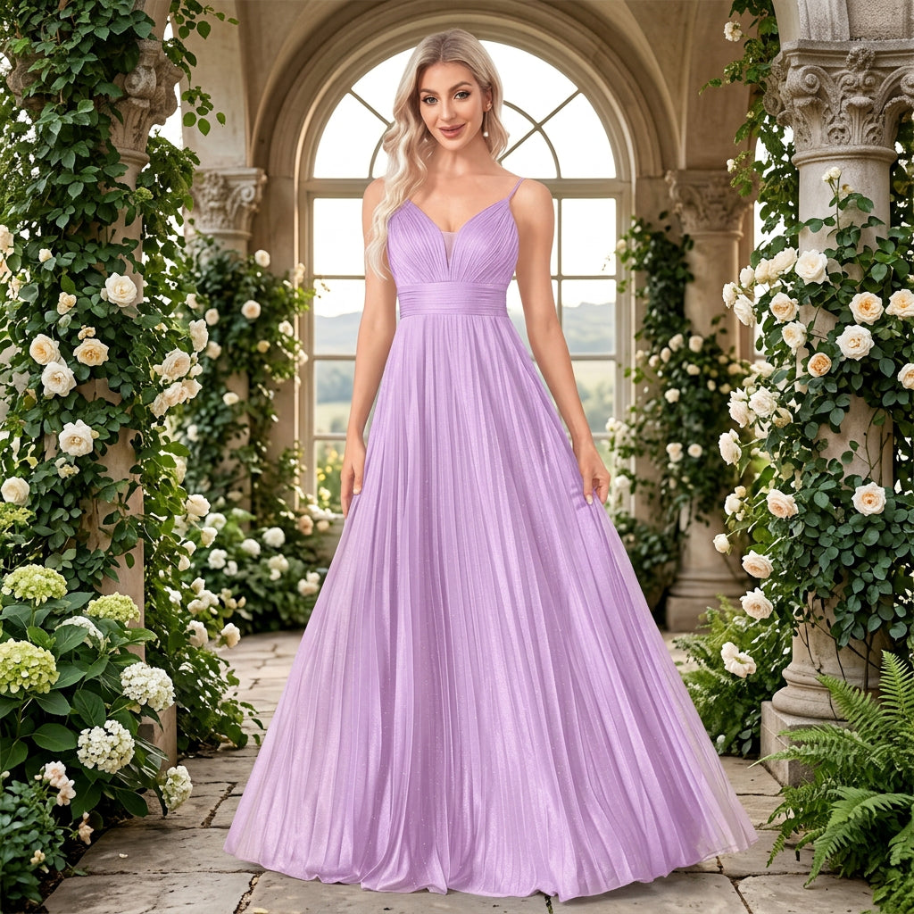 Dream Designs Boutique lavender chiffon A-line evening gown with deep V-neckline.