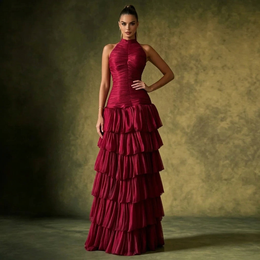 Halter Neck Ruched Evening Gown with Cascading Ruffles