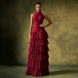Halter Neck Ruched Evening Gown with Cascading Ruffles