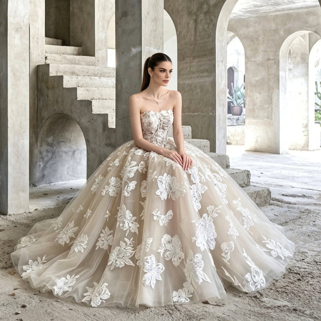 Woman wearing a strapless floral applique A-line bridal gown by AliExpress in a concrete archway.