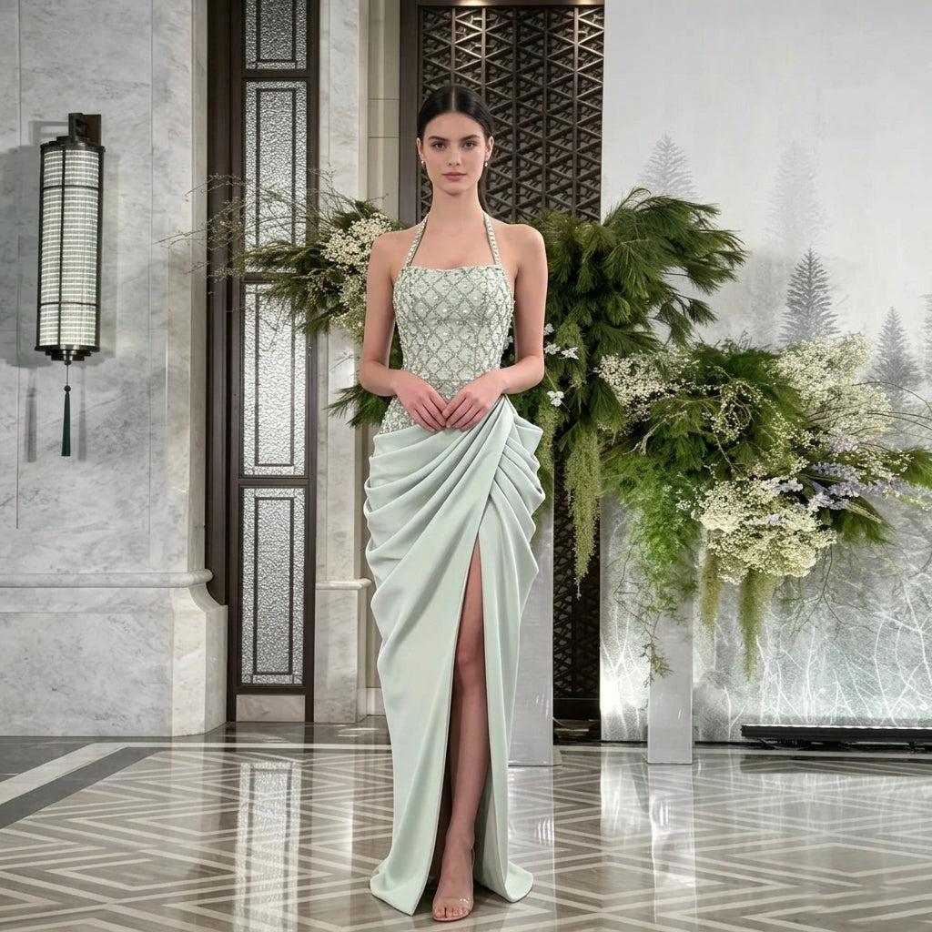 Rhinestone-Embellished Halter Satin Mermaid Gown with Draped Skirt and High Split
