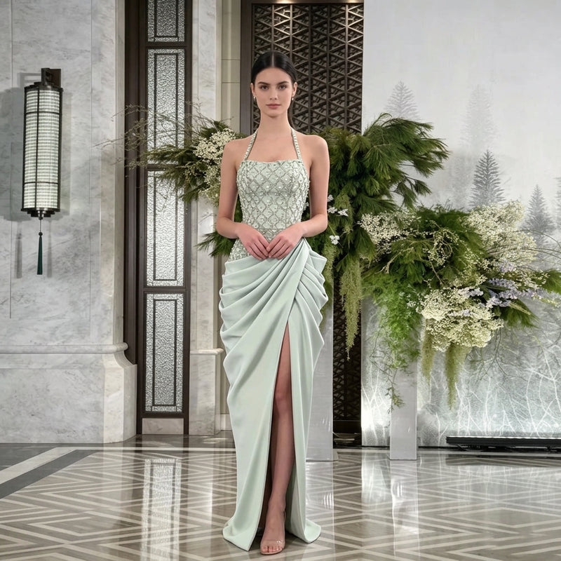 Rhinestone-Embellished Halter Satin Mermaid Gown with Draped Skirt and High Split