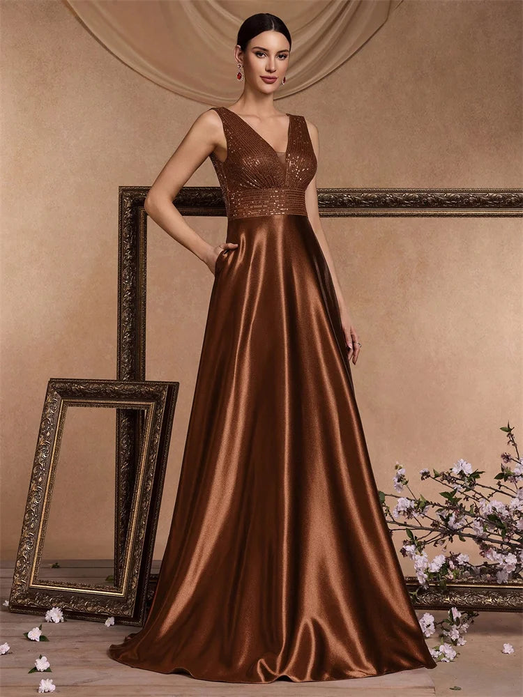 Model wearing a sequined V-neck A-line evening gown in bronze satin with pockets.