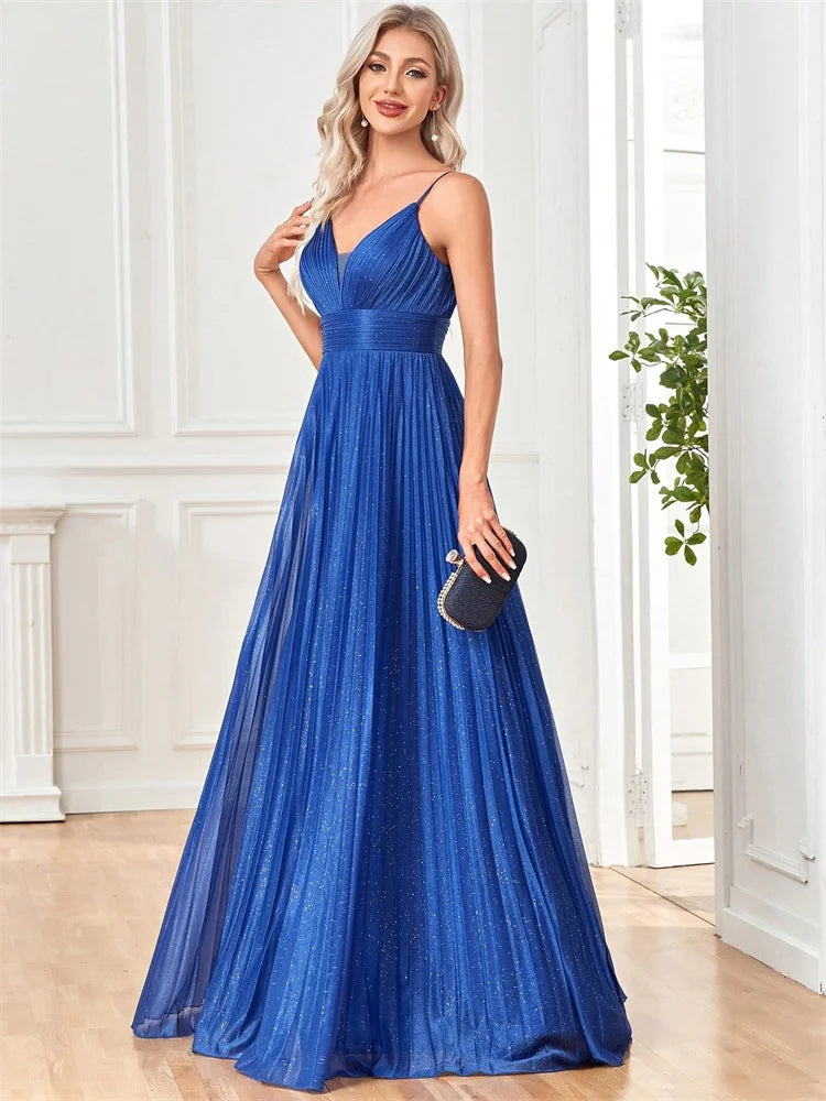 Dream Designs Boutique royal blue deep V-neck chiffon A-line evening gown with glitter detail