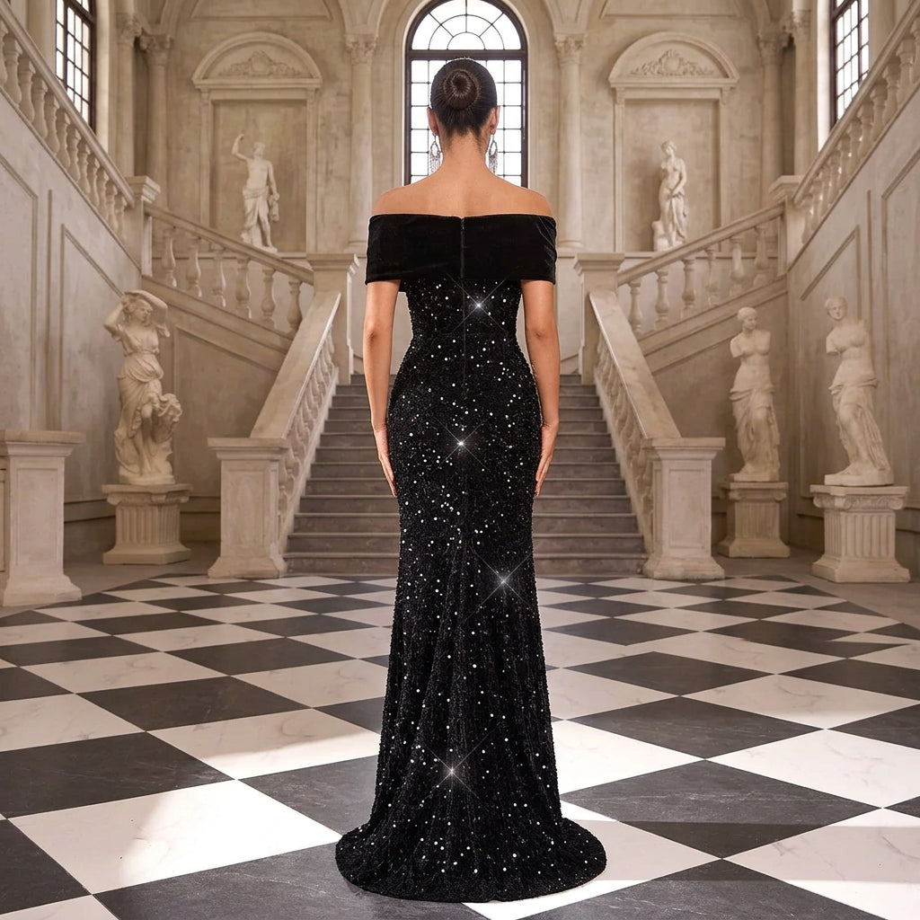 Off the Shoulder V-Neck Evening Gown with High Split