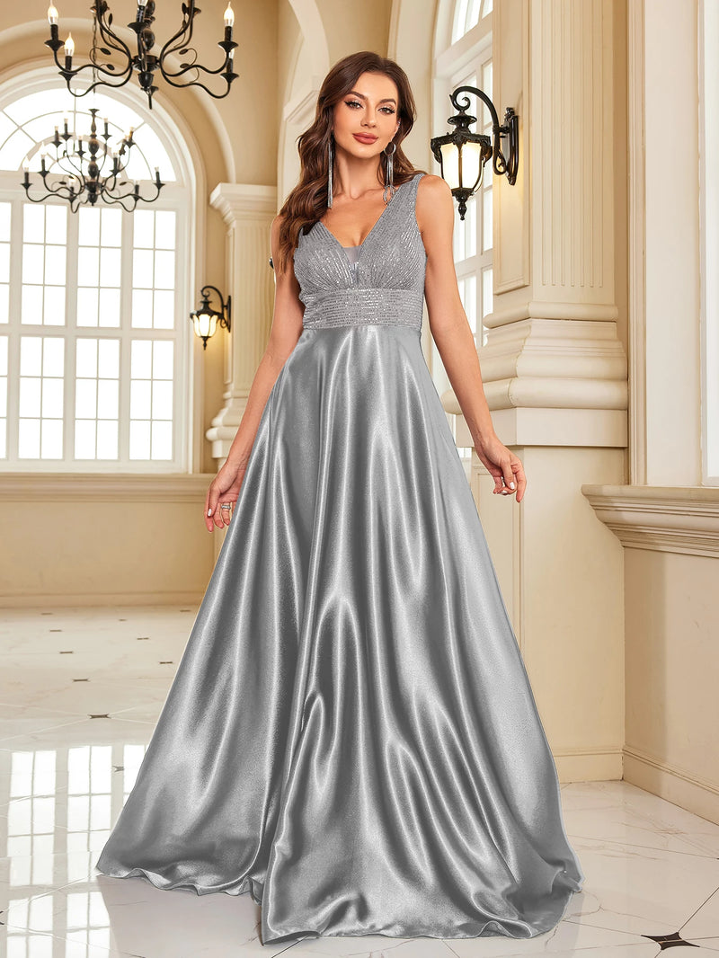 Sequin Bodice Evening Gown with Deep V-Neck and Sweeping A-Line Skirt