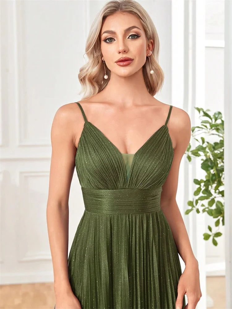 Dream Designs Boutique elegant deep V-neck olive green chiffon A-line evening gown