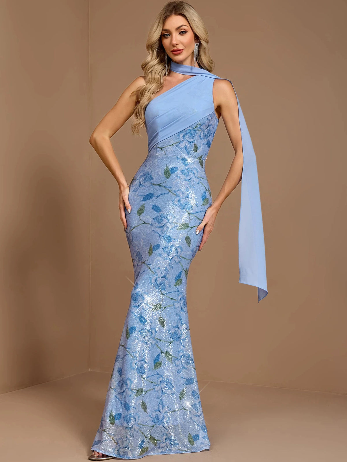 Floral Sequin Asymmetric Gown with Flowing Scarf Detail