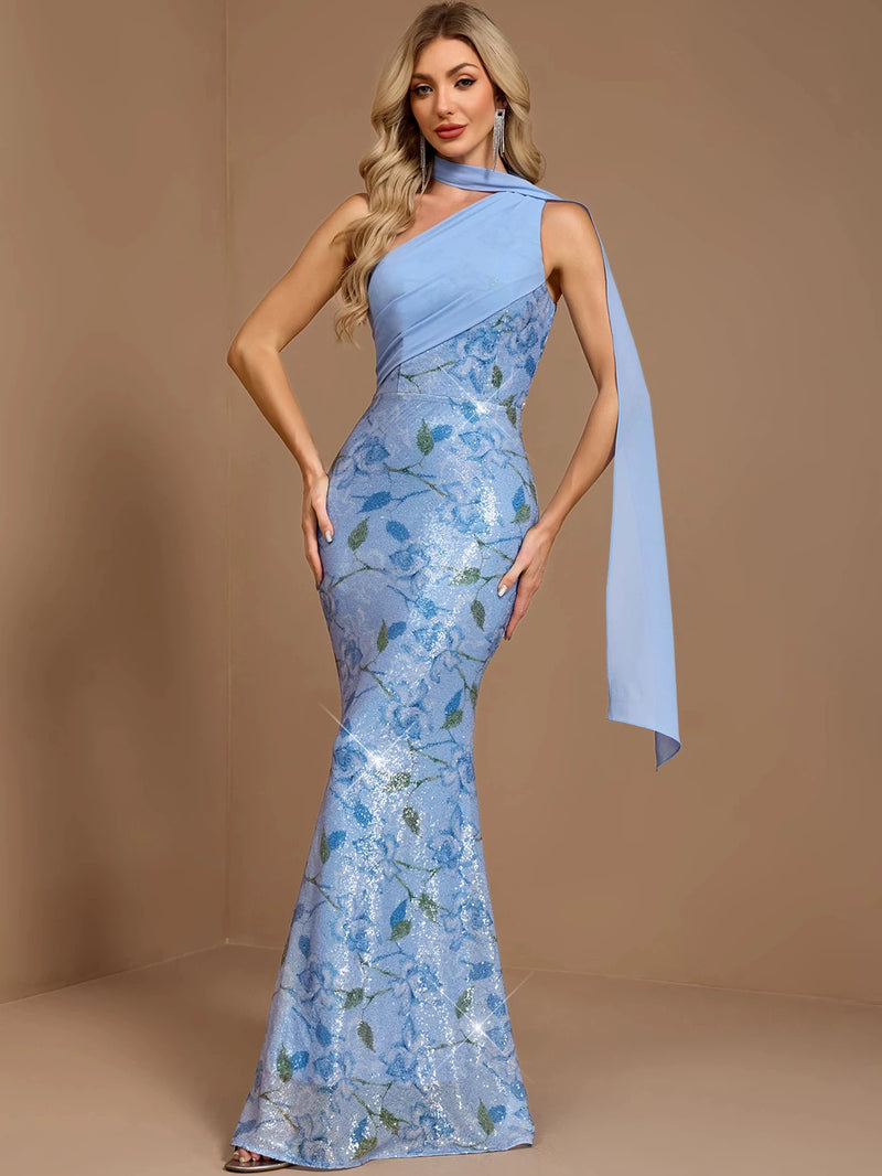 Floral Sequin Asymmetric Gown with Flowing Scarf Detail