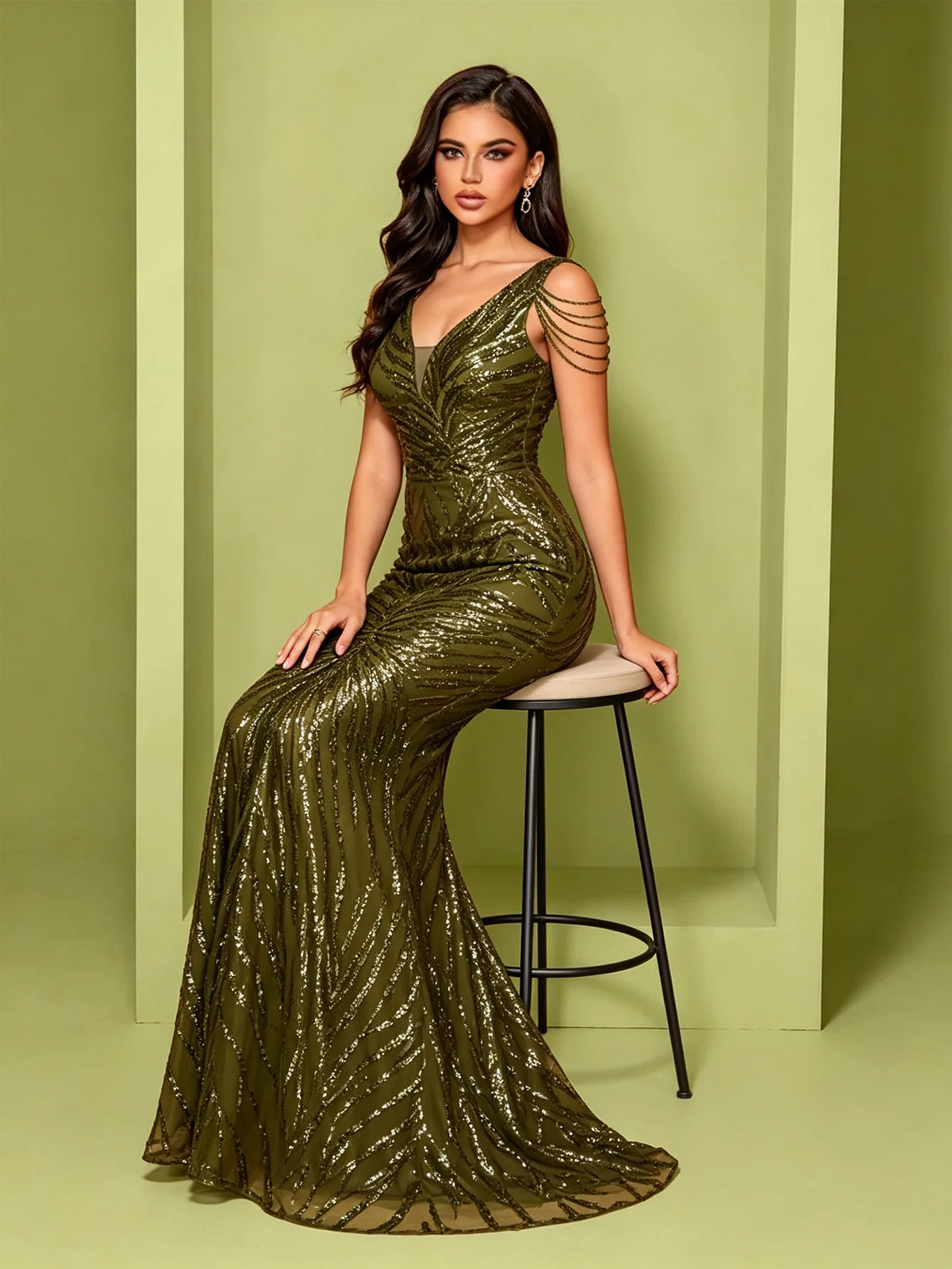V-Neck Sequin Mermaid Gown with Draped Shoulder Strands