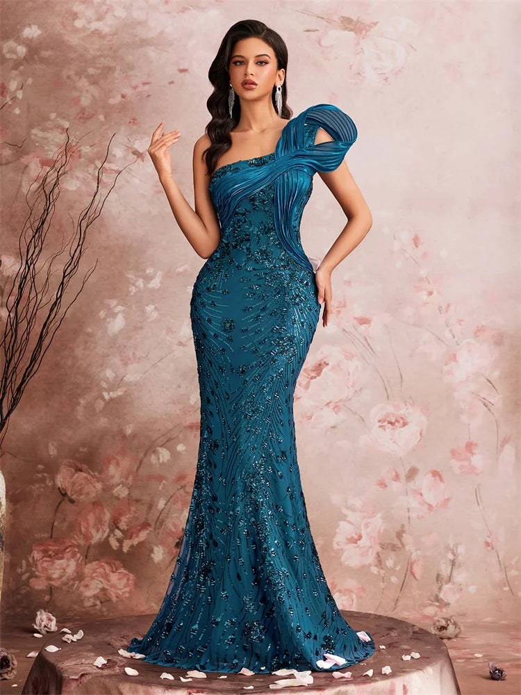 Sculptural Shoulder Sequin Mermaid Gown