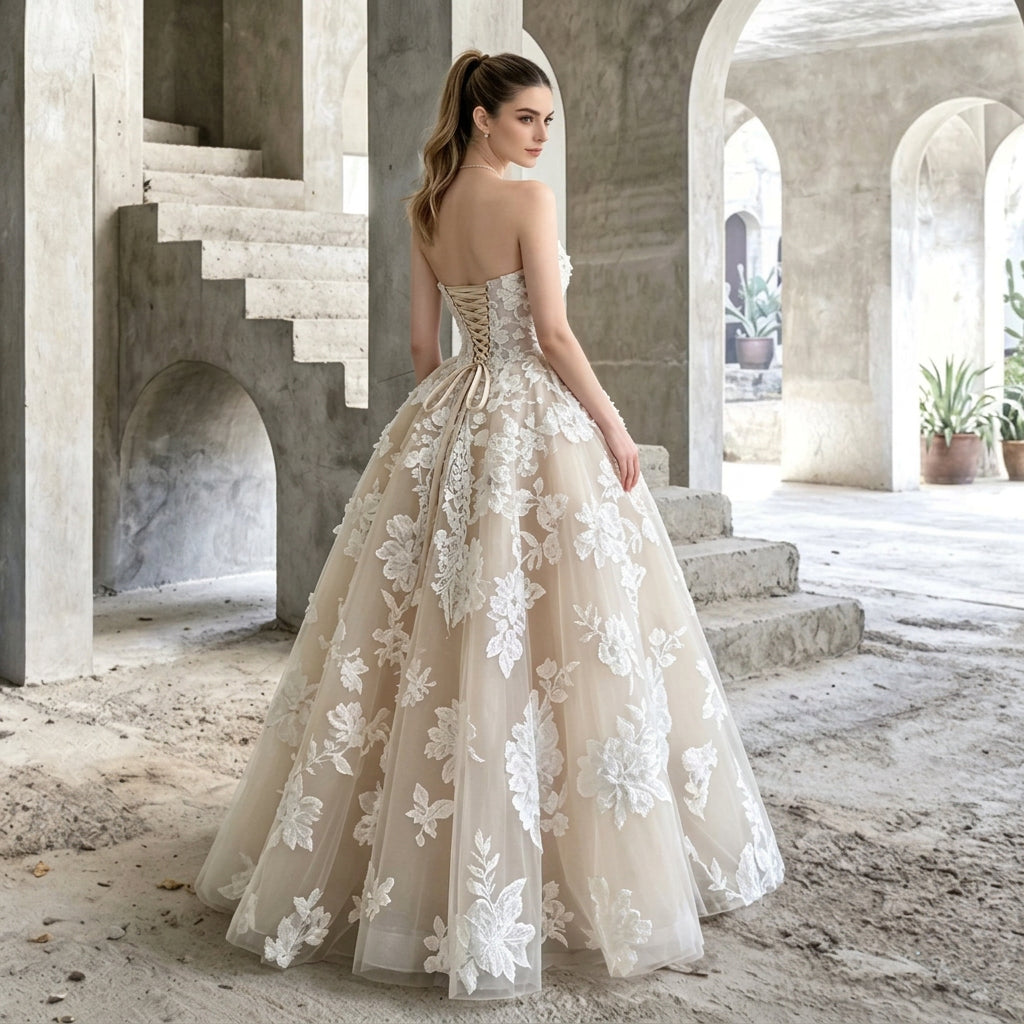 Woman wearing a strapless floral applique A-line bridal gown by AliExpress in a stone archway.