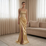 Rhinestone-Embellished Halter Satin Mermaid Gown with Draped Skirt and High Split