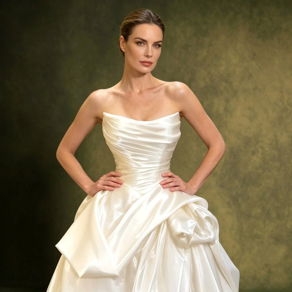 Woman wearing a strapless pleated satin bridal gown by AliExpress against a green background.