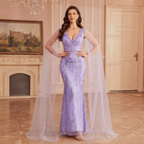 Purple Sequin Mermaid Gown with Tulle Sleeves