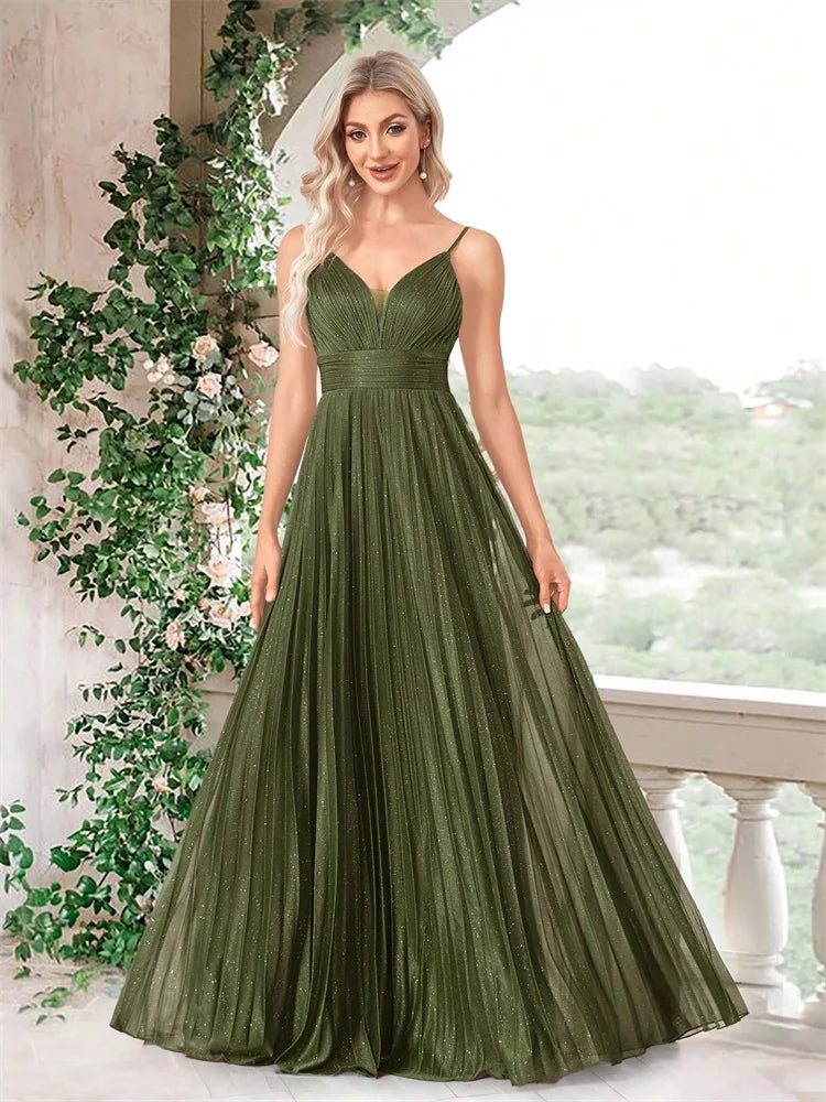 Woman wearing an elegant deep V-neck olive green chiffon A-line evening gown.