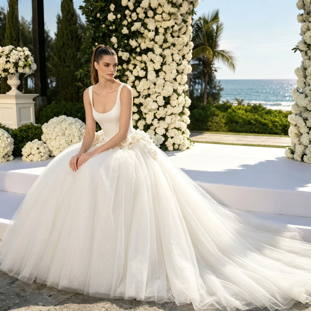 Floral Satin A-Line Bridal Gown with Three-Dimensional Flower Detailing and Sweeping Train