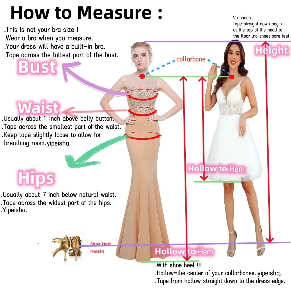 Measurement guide for Dream Designs Boutique gowns showing bust, waist, hips, and height.