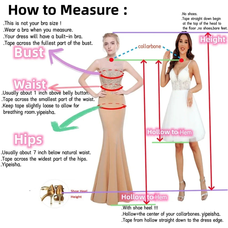 Measurement guide for Dream Designs Boutique gowns showing bust, waist, hips, and height.