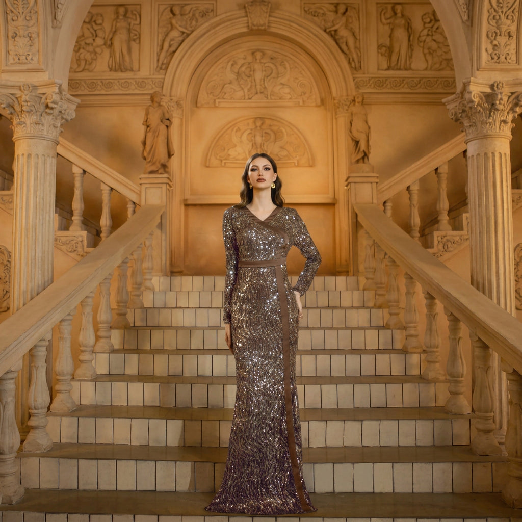 V-Neck Long Sleeve Sequin Sheath Evening Gown