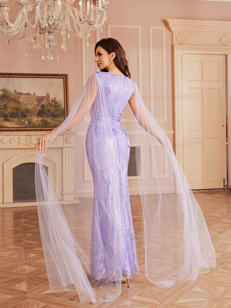 Purple Sequin Mermaid Gown with Tulle Sleeves