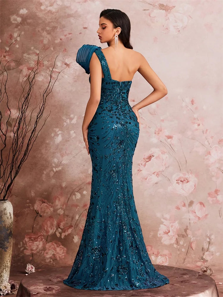 Sculptural Shoulder Sequin Mermaid Gown