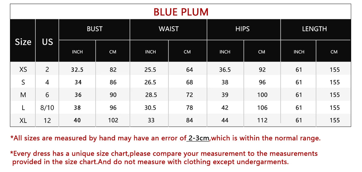 Size chart for Blue Plum off-the-shoulder sequined mermaid evening gown by Dream Designs Boutique