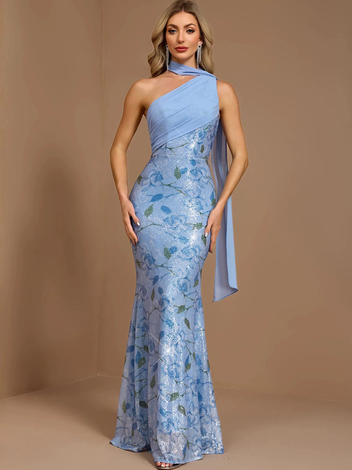Floral Sequin Asymmetric Gown with Flowing Scarf Detail