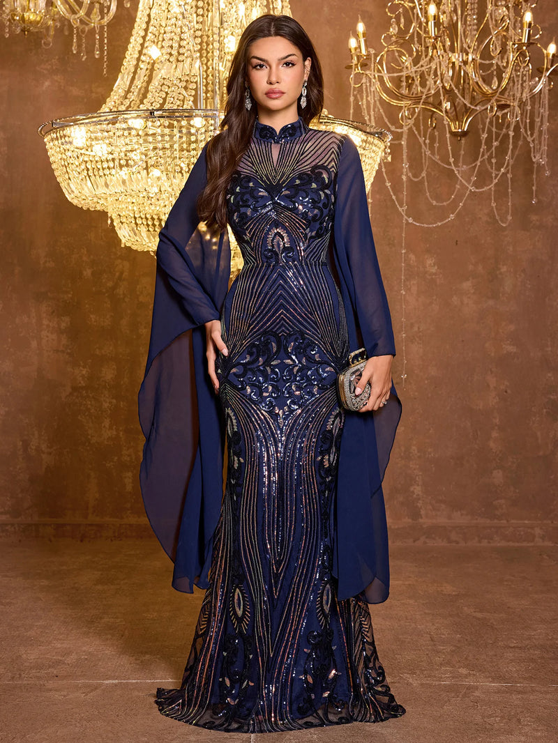 Blue Sequin Mermaid Gown with Flared Sleeves