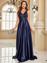 Sequin Bodice Evening Gown with Deep V-Neck and Sweeping A-Line Skirt