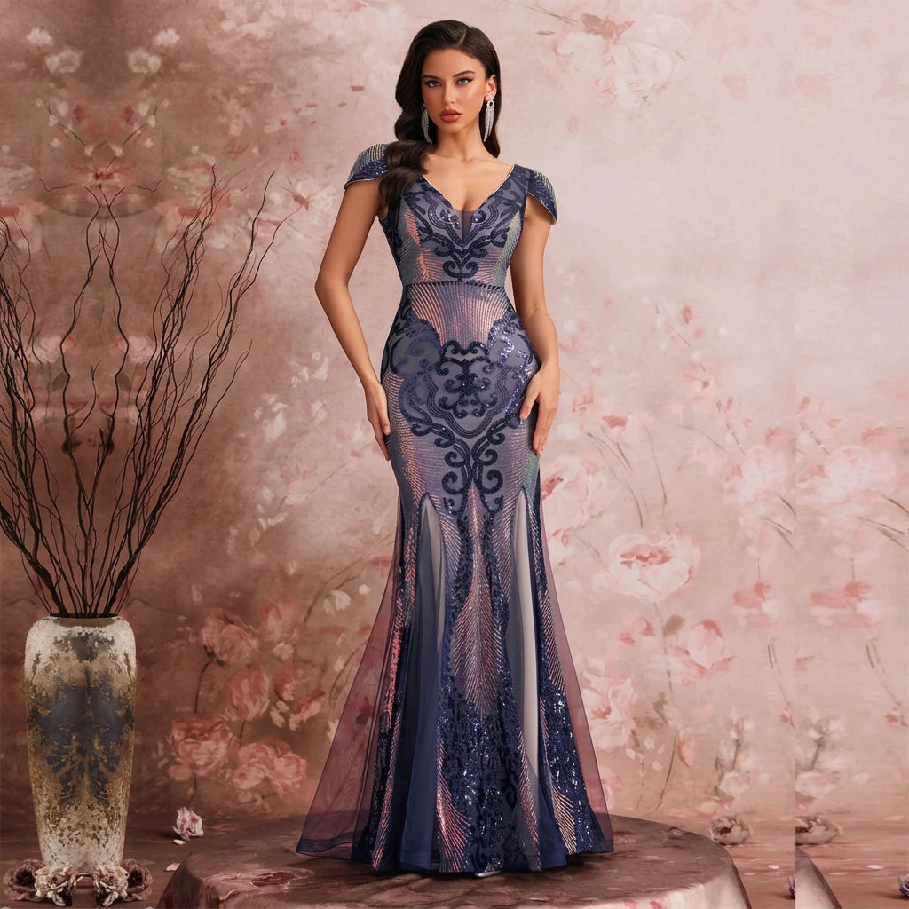 Art Deco-Inspired Sequin Gown with V-Neck and Cap Sleeves