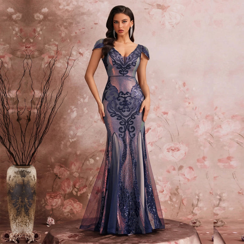 Art Deco-Inspired Sequin Gown with V-Neck and Cap Sleeves