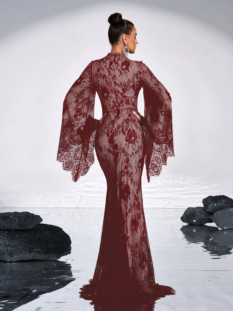 Floral Lace Evening Gown with Scalloped Flared Sleeves