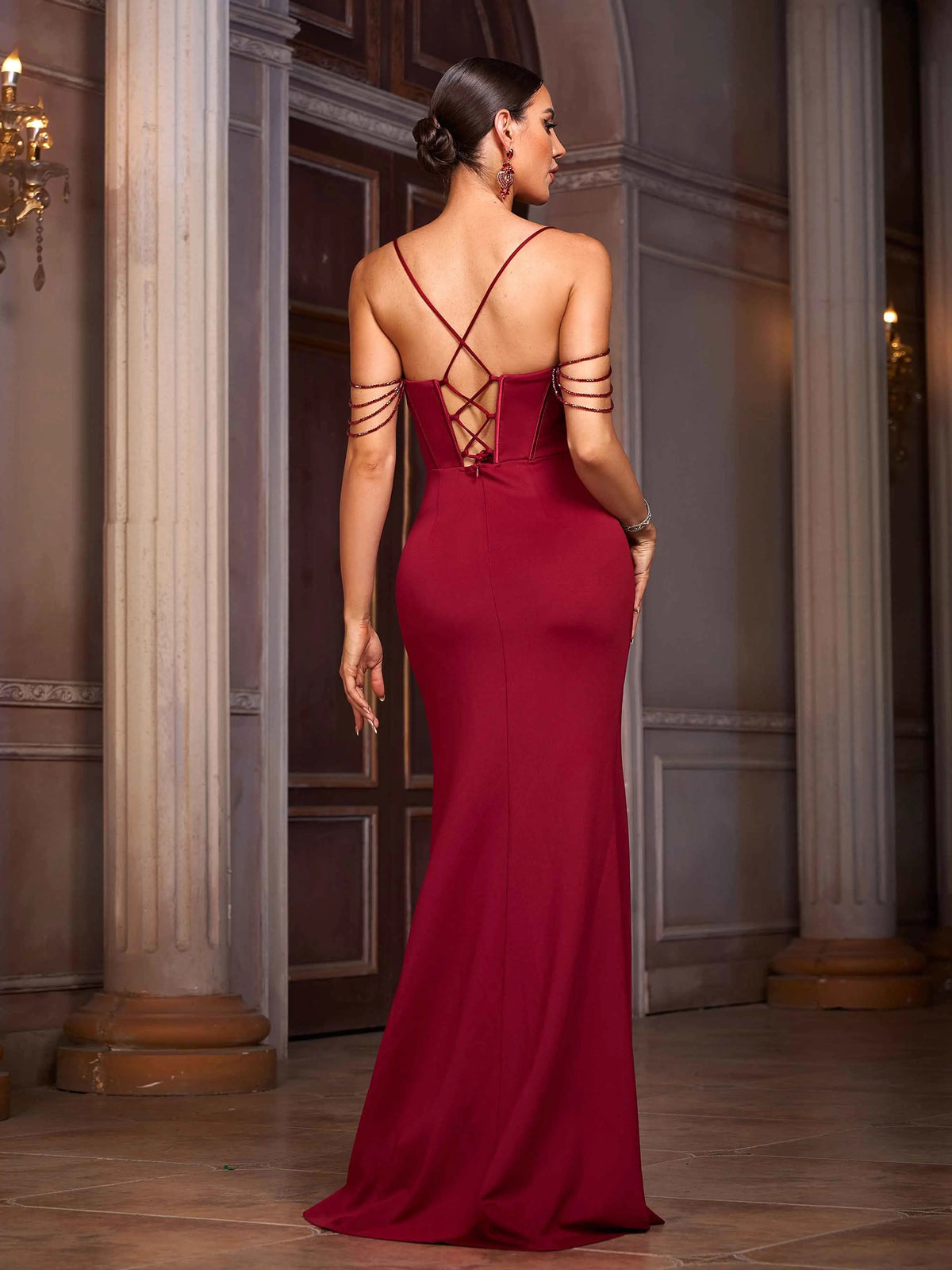Draped Sweetheart Evening Gown with Lace-Up Back and High Slit