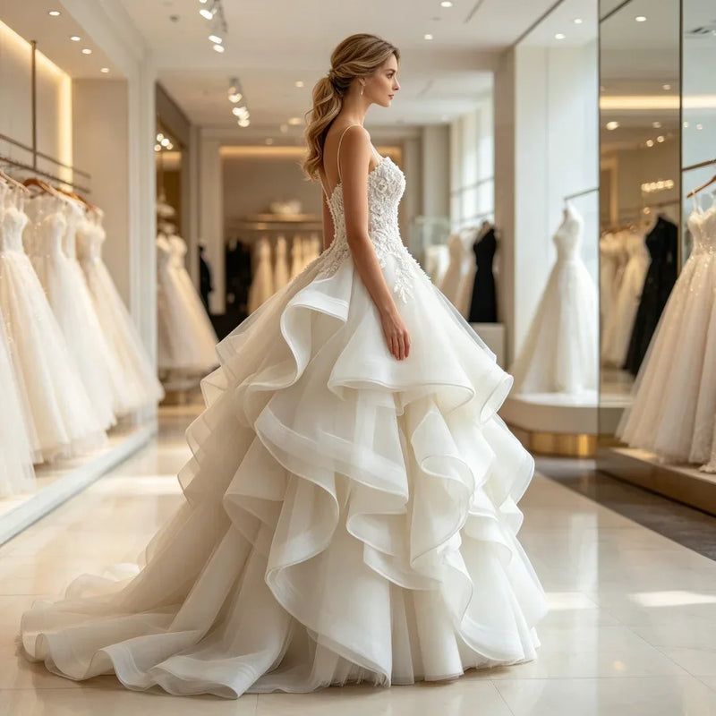 Sweetheart lace appliqué tiered bridal ball gown by AliExpress in a boutique setting