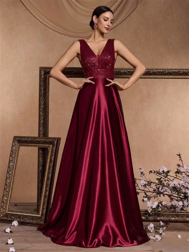 Sequin Bodice Evening Gown with Deep V-Neck and Sweeping A-Line Skirt