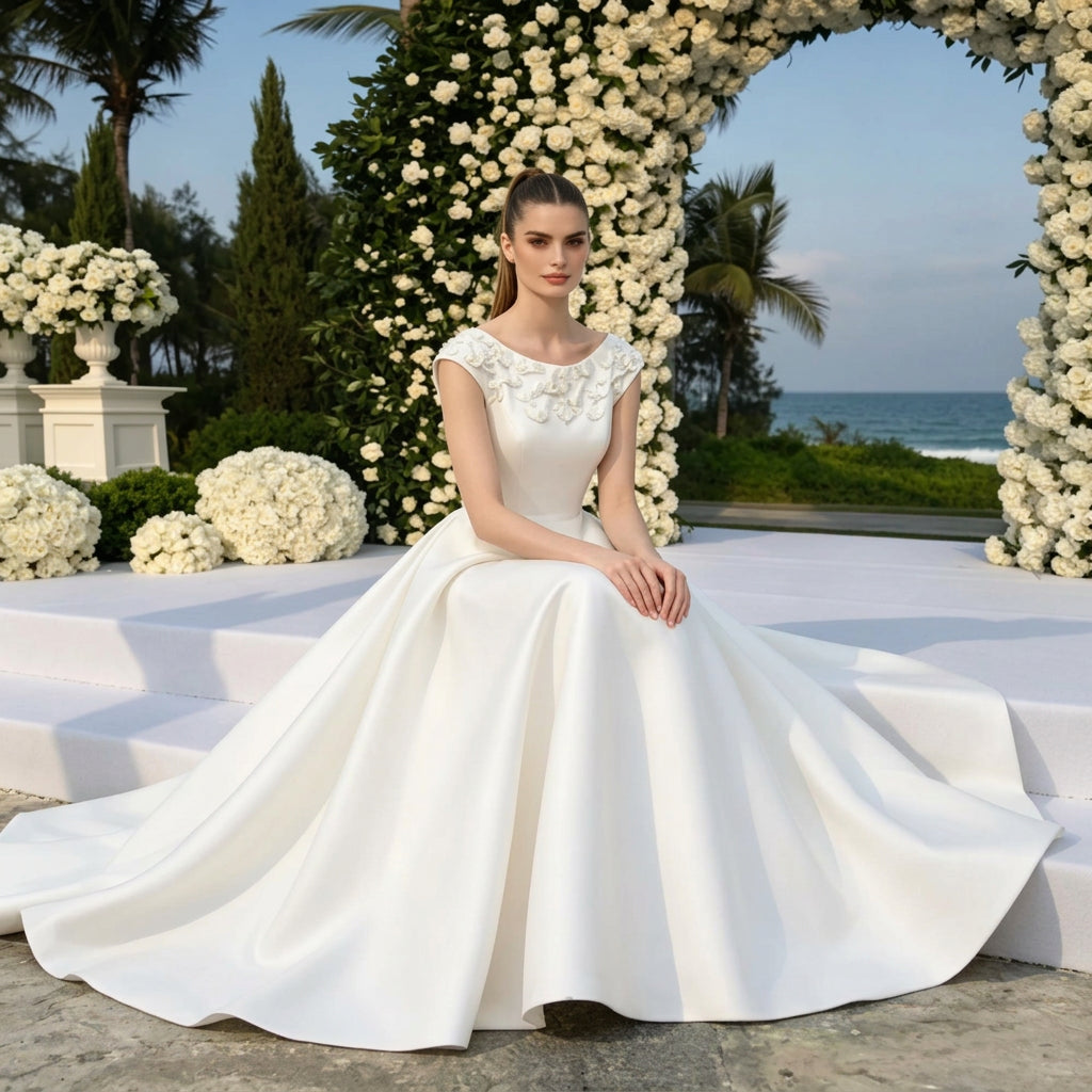 Cap-Sleeve Satin A-Line Bridal Gown with Beaded Appliqués and Sweeping Train