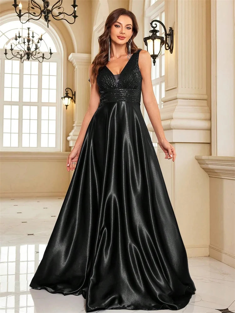Sequin Bodice Evening Gown with Deep V-Neck and Sweeping A-Line Skirt