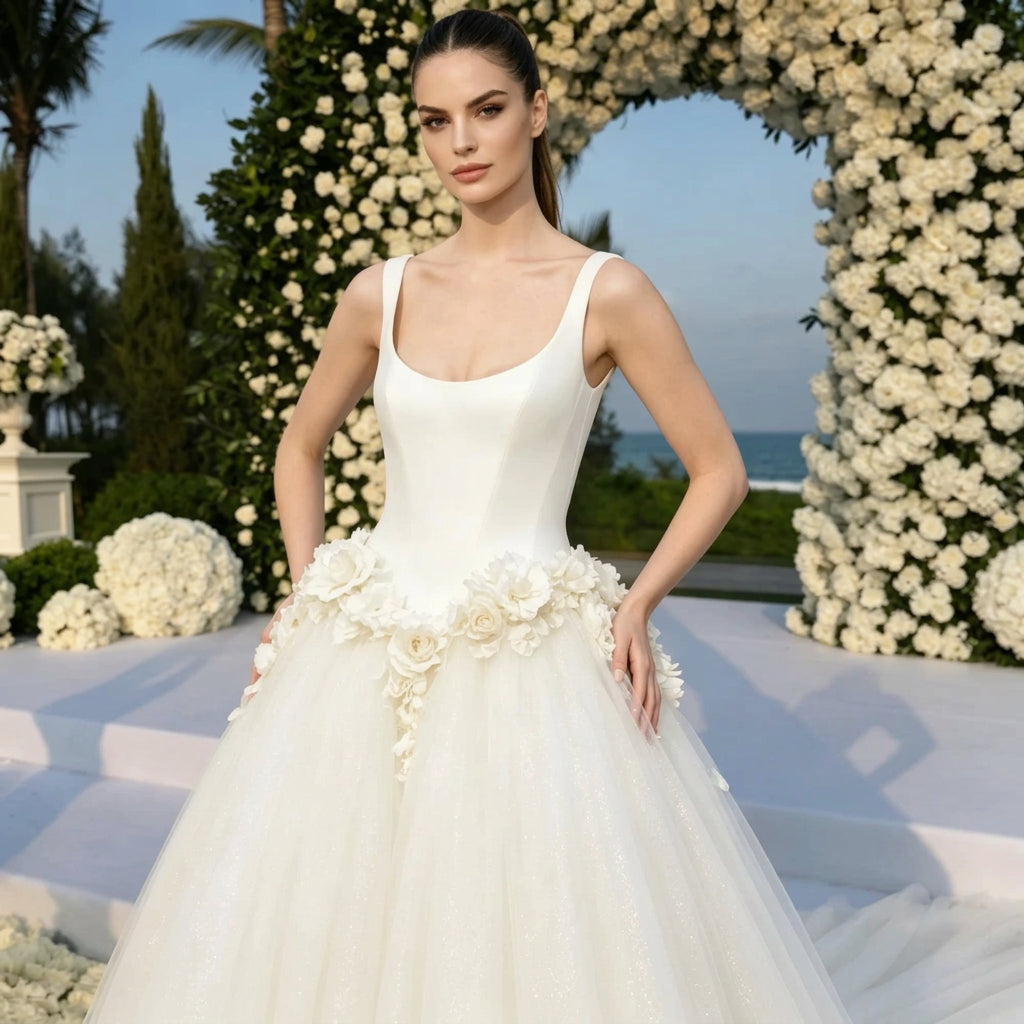 Floral Satin A-Line Bridal Gown with Three-Dimensional Flower Detailing and Sweeping Train