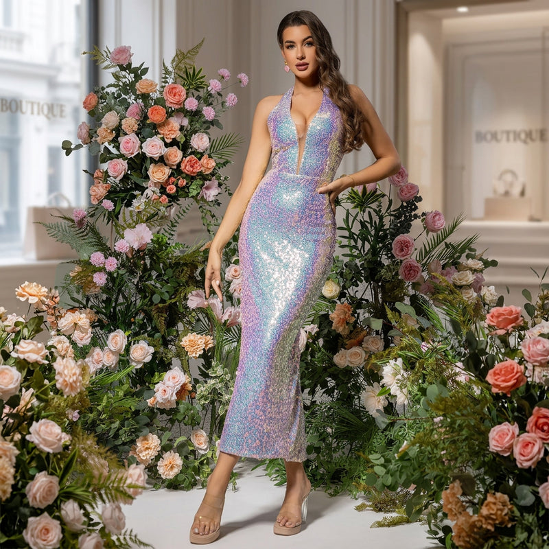 Baby Pink Sequin Halter Midi Dress with Split