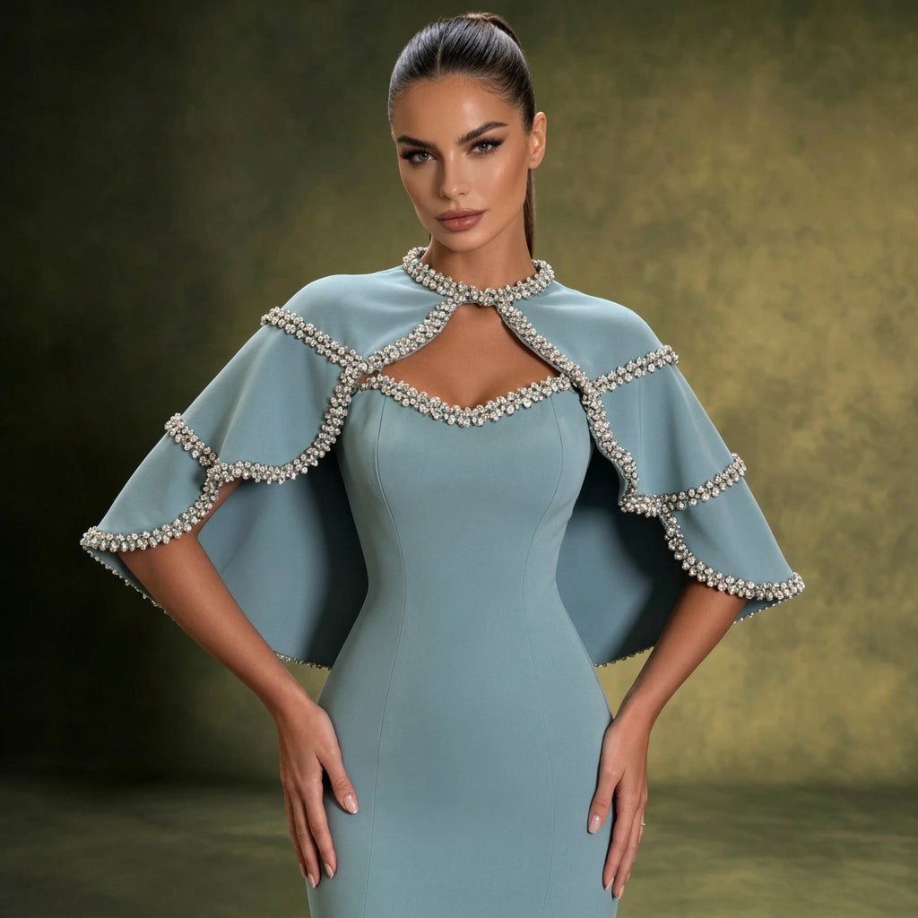 Dusty Blue Mermaid Gown with Crystal-Trimmed Cape