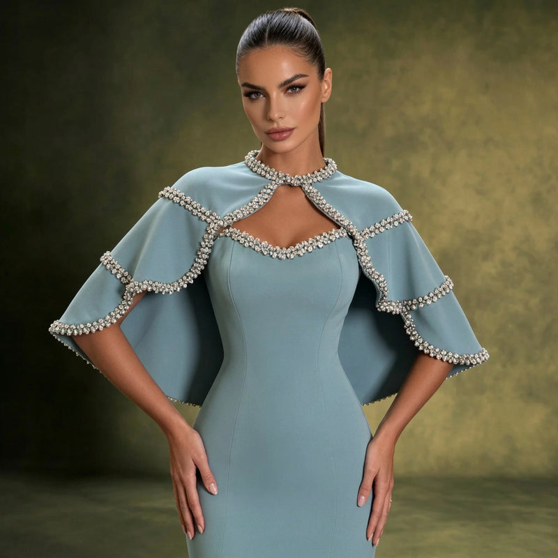 Dusty Blue Mermaid Gown with Crystal-Trimmed Cape