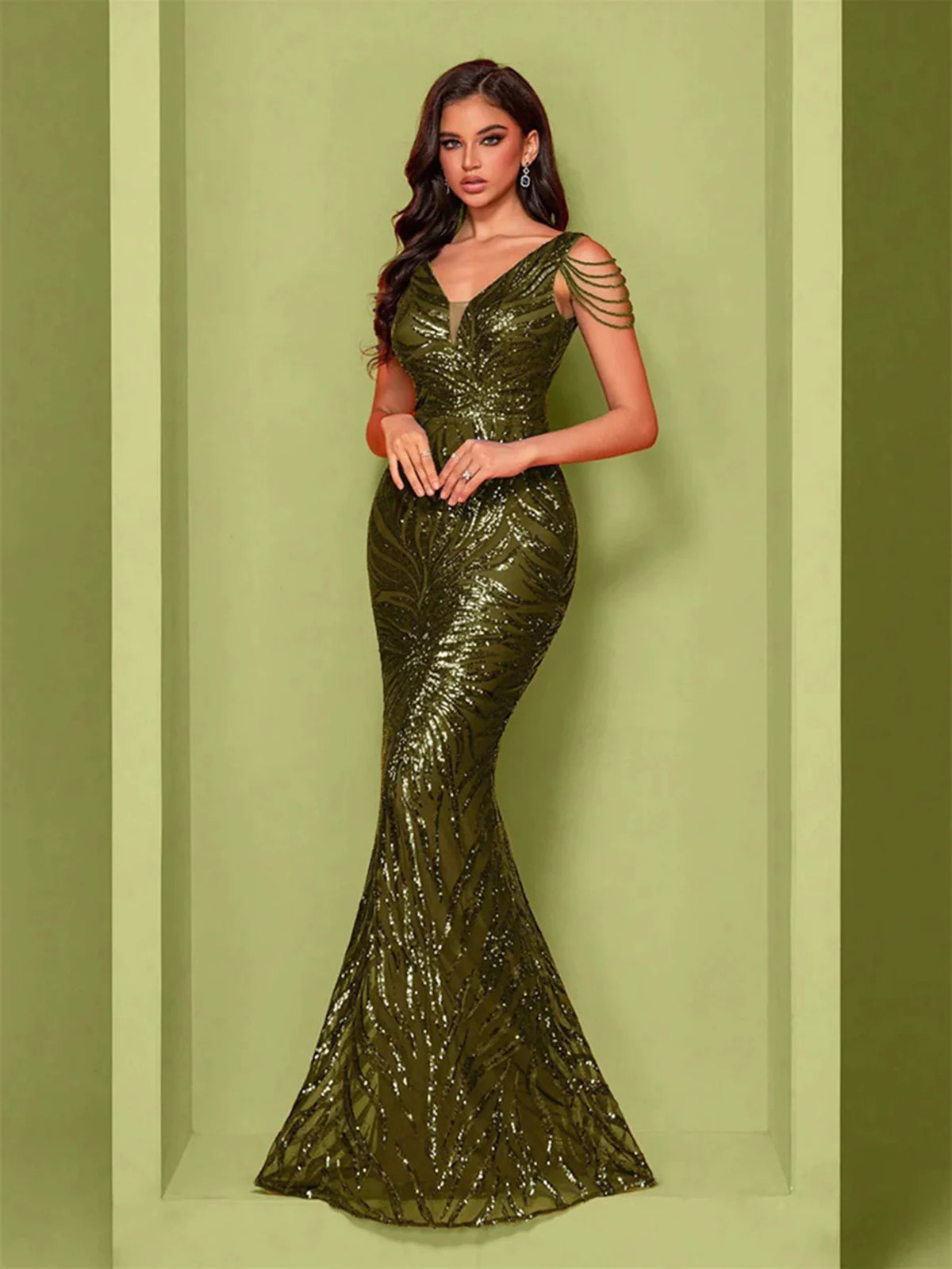 V-Neck Sequin Mermaid Gown with Draped Shoulder Strands