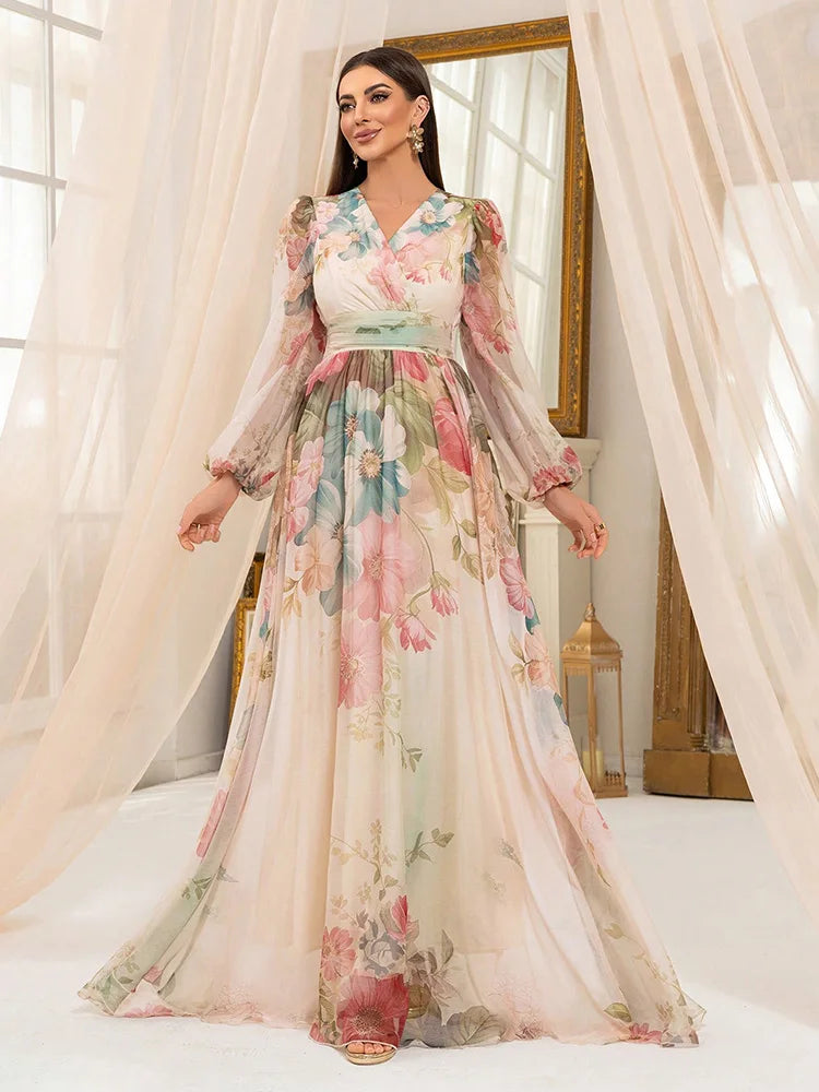 Pastel Floral V-Neck Maxi Dress with Lantern Sleeves