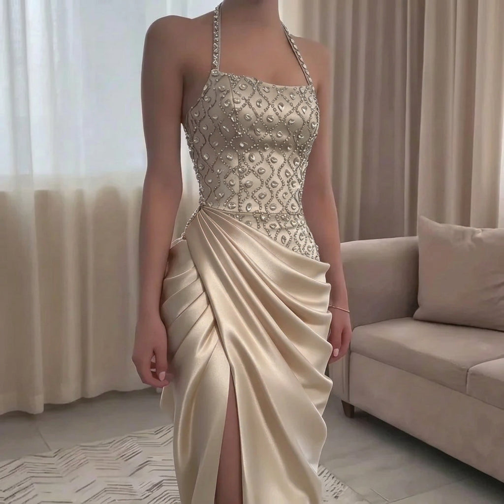 Rhinestone-Embellished Halter Satin Mermaid Gown with Draped Skirt and High Split