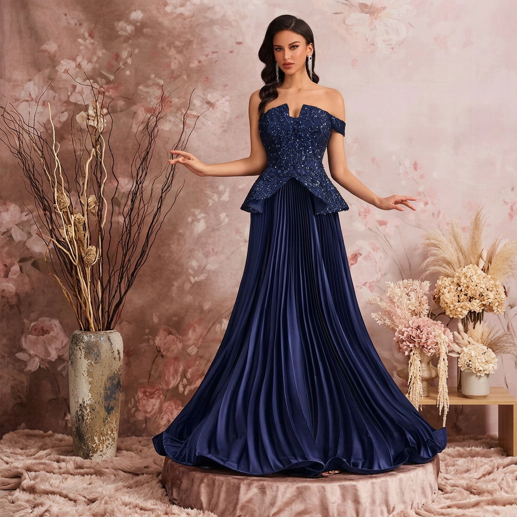 Off the Shoulder Sequin Peplum Gown with Pleated Skirt