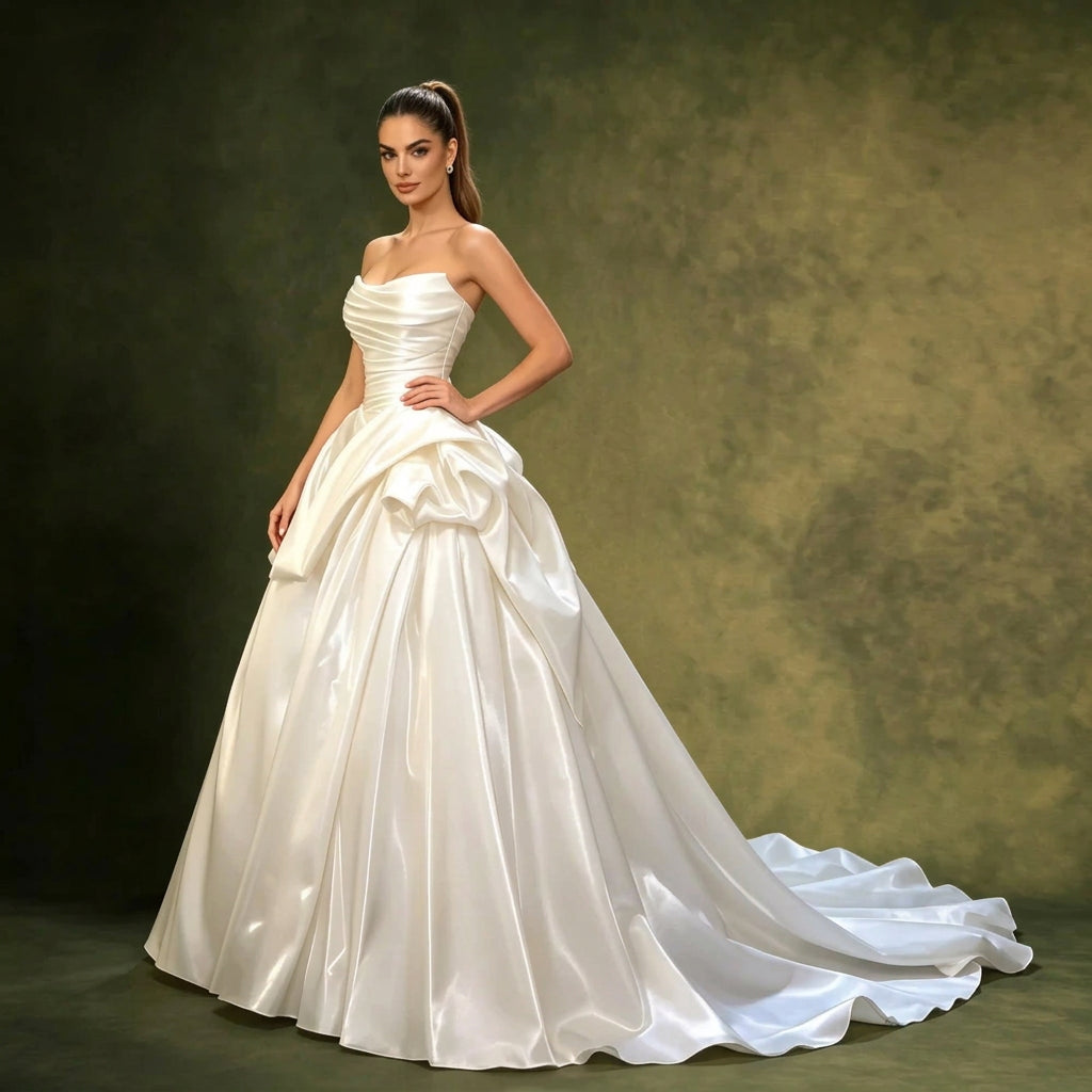 Woman wearing an AliExpress strapless pleated satin bridal gown with a voluminous skirt.