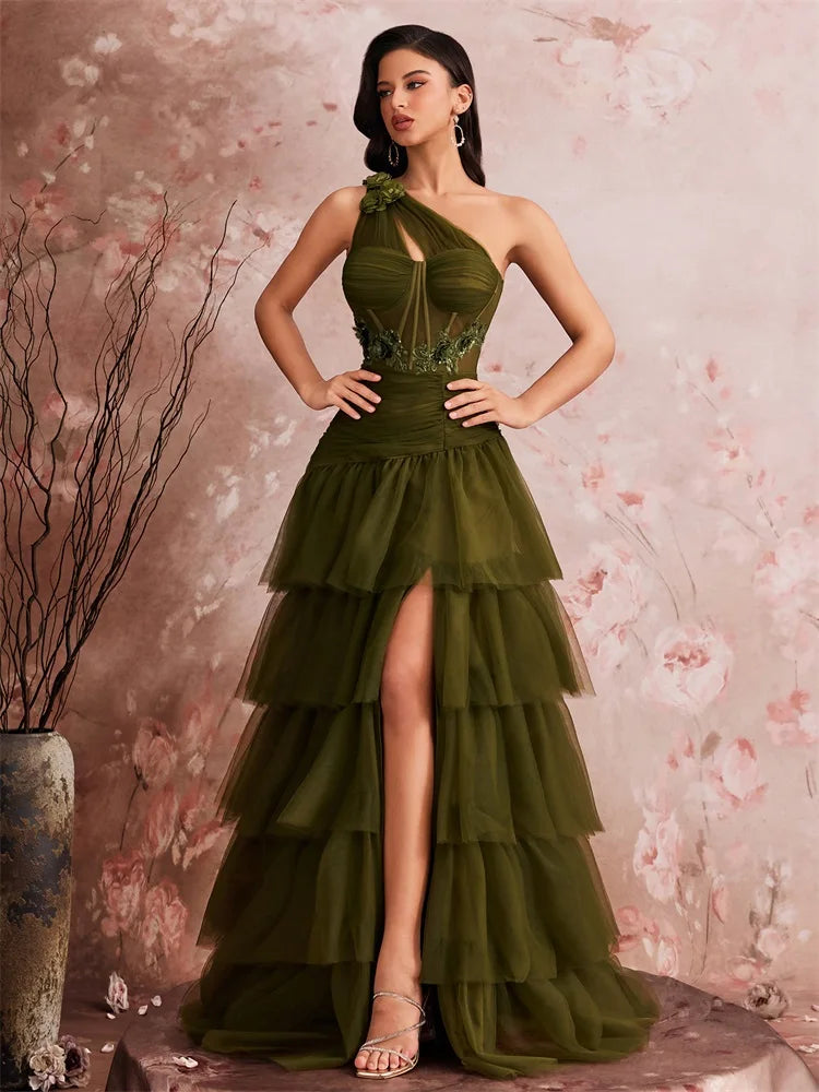 Dream Designs Boutique luxury asymmetric applique tulle evening gown in olive green.