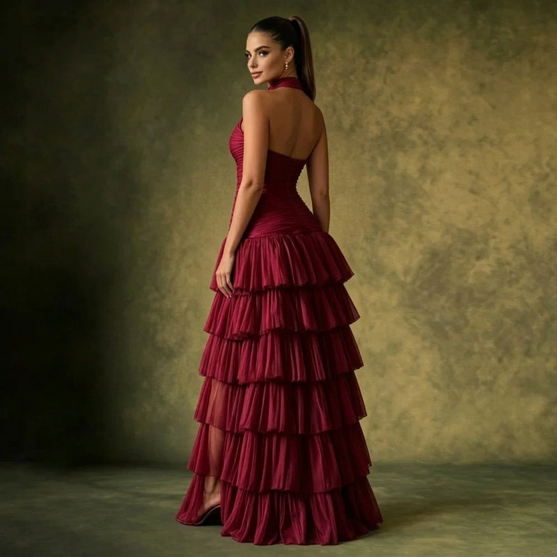 Halter Neck Ruched Evening Gown with Cascading Ruffles